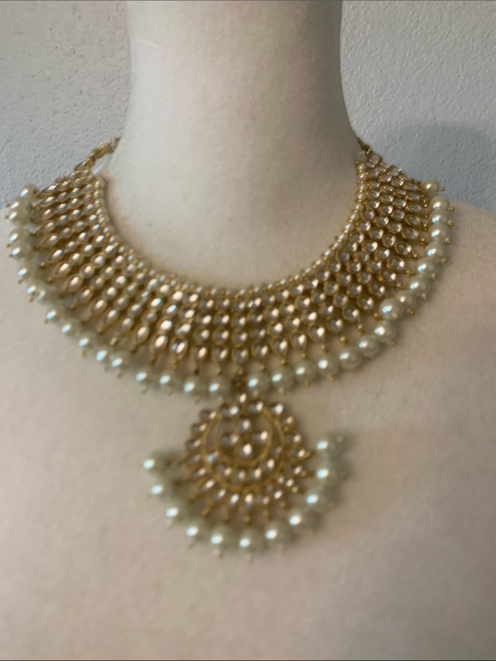Gold-Tone Pearl Collar Necklace with Crescent Pendant